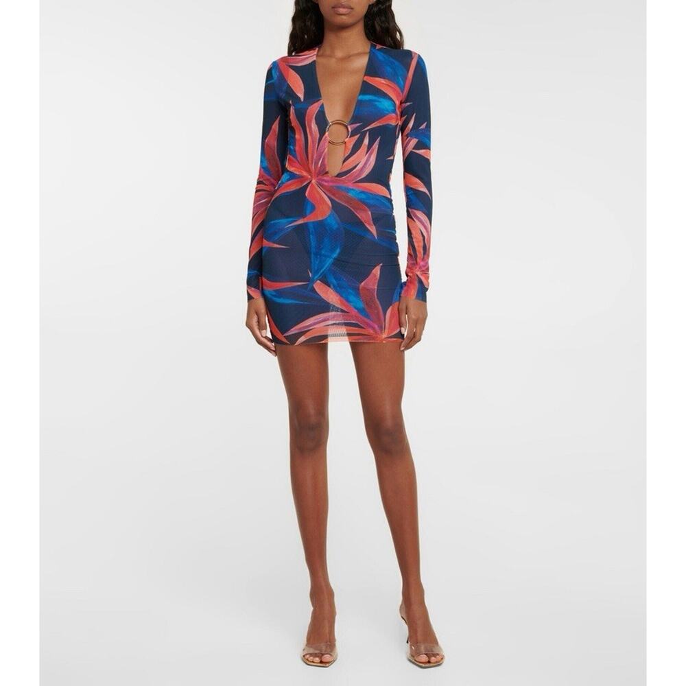 Louisa Ballou Helios Long Sleeve Printed Mini Coverup Dress Cotton Silk Small